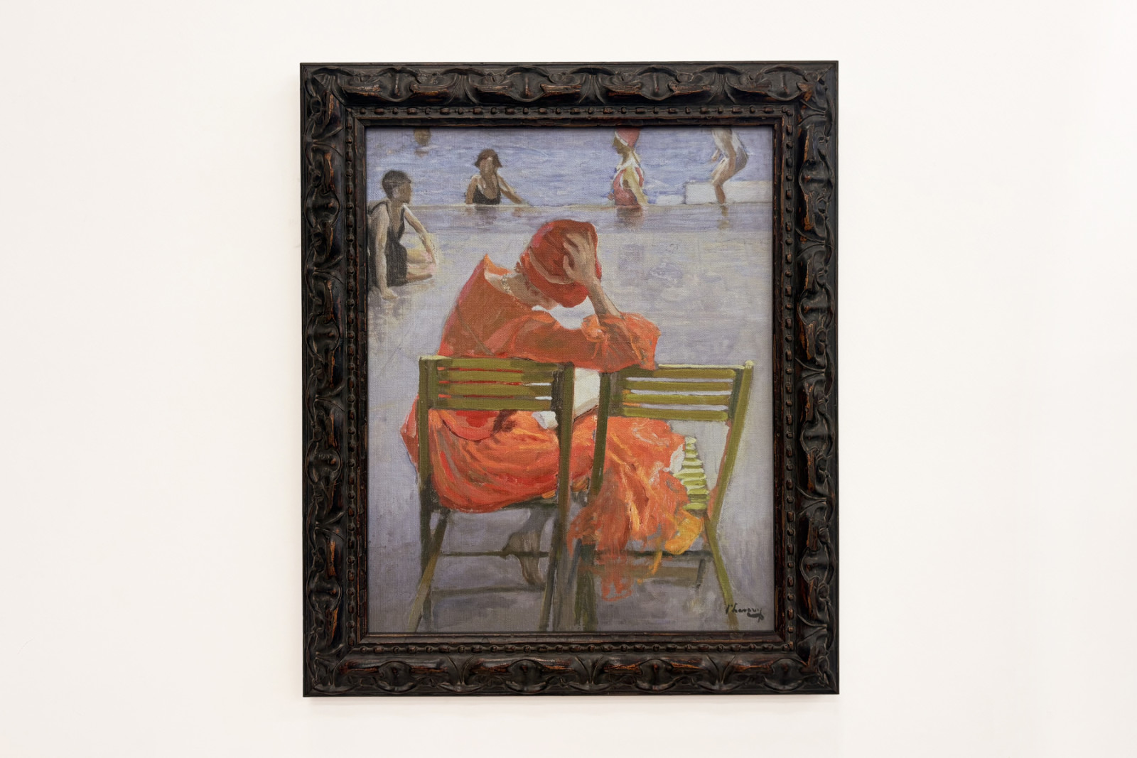 Flicka i en röd klänning som läser vid en pool - John Lavery