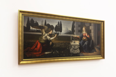 Italien Toscana Florens, Uffizigalleriet: Bebådelsen, målning av Leonardo da Vinci (1452-1519), Olja på trä, ca. 1472-1475, 98x217 cm