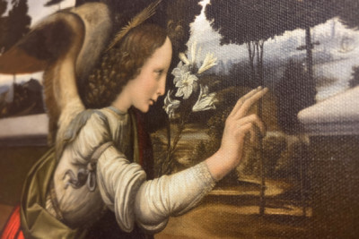 Italien Toscana Florens, Uffizigalleriet: Bebådelsen, målning av Leonardo da Vinci (1452-1519), Olja på trä, ca. 1472-1475, 98x217 cm