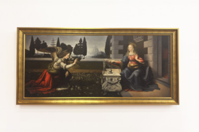 Italien Toscana Florens, Uffizigalleriet: Bebådelsen, målning av Leonardo da Vinci (1452-1519), Olja på trä, ca. 1472-1475, 98x217 cm
