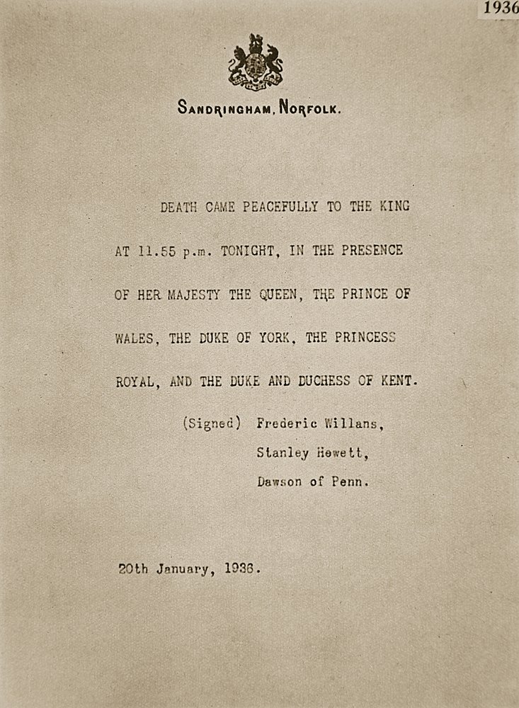 Bulletin publicerad i Sandringham efter kung George Vs död den 20 januari 1936 av Unknown