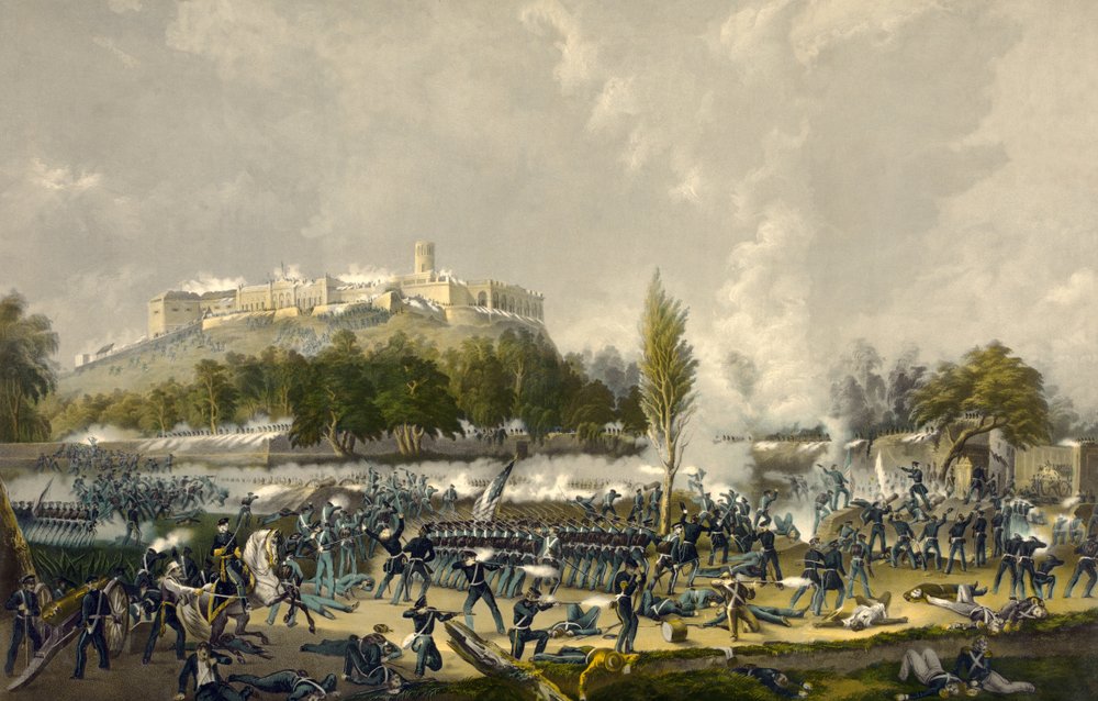 The Storming of Chapultepec, 13 september 1847, pub. 1848 (färgad litho) av American School