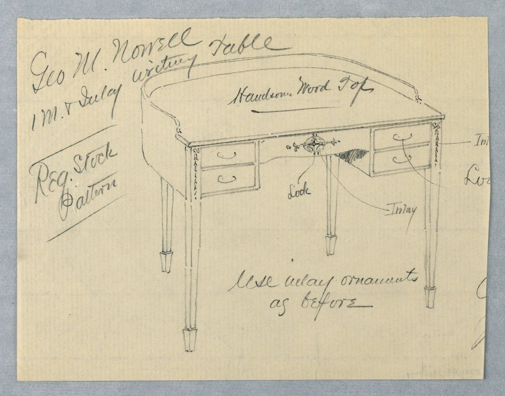 Design för inläggsskrivbord i mahogny för George M. Nowell av A.N. Davenport Co.