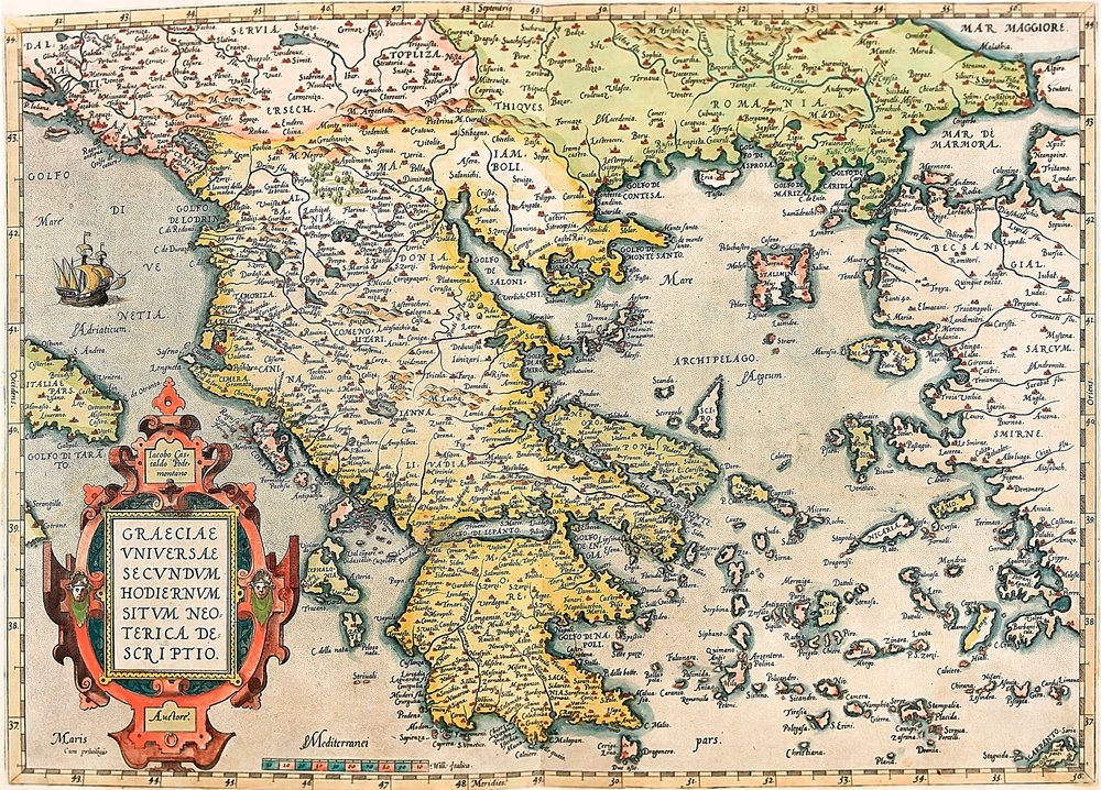 Geografikarta över Greklands territorium med Peloponnesos och öarna tagen från "Theatrum Orbis Terrarum" av Abraham Ortelius (Oertel, Ortell eller Ortel av Abraham Ortelius