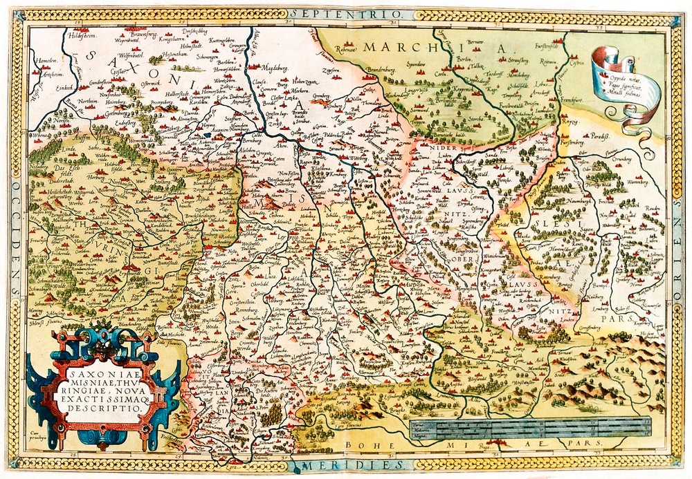 Karta över territoriet i Sachsen, Thüringen i Tyskland från "Theatrum Orbis Terrarum" av Abraham Ortelius (Oertel, Ortell eller Ortel av Abraham Ortelius