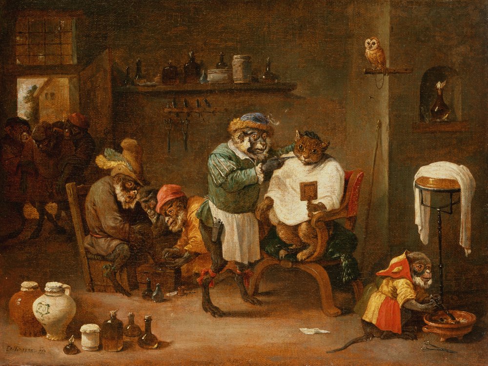 A Cat in a Barber Shop drivs av Monkeys (olja på duk) av Abraham Teniers