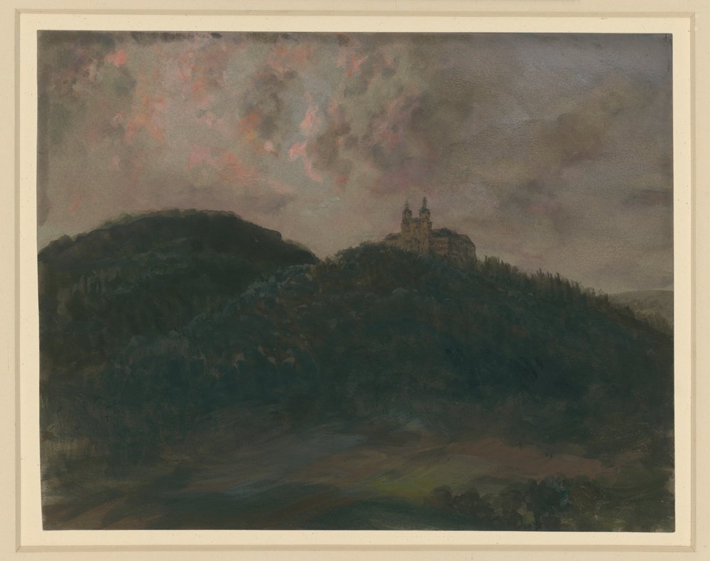 Ett skogbeklätt bergslandskap med klostret Banz nära Lichtenfels i Bayern, beläget på höjden av Adolph Menzel
