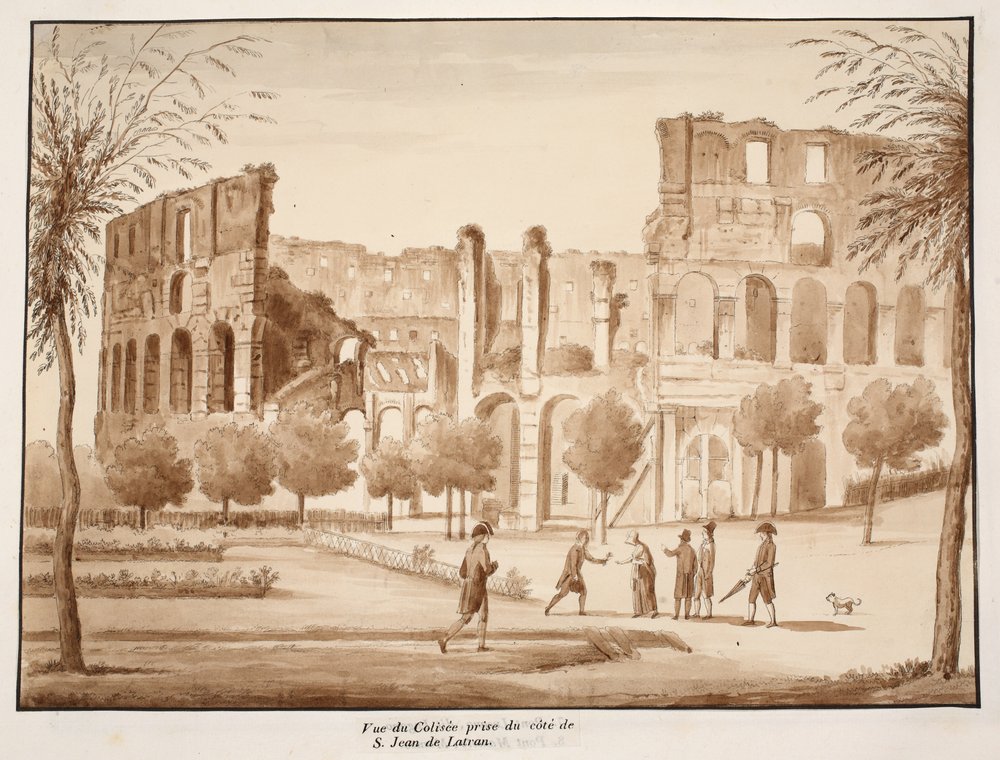 Utsikt över Colosseum från sidan av St. John Lateran, 1833 (etsning med brun tvätt) av Agostino Tofanelli