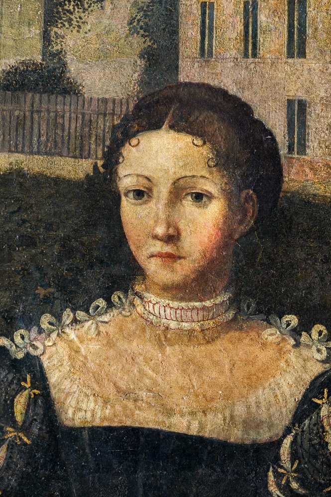 Porträtt av en adelsdam, detalj av de ädla damernas lilla rum (olja på duk limmad på väggarna) av Alessandro Bonvicino Moretto