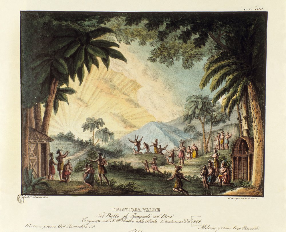 Utsikt över en läcker dal vid tiden för erövringen av den nya världen av den spanska scenografin för baletten "" Gli spagnoli nel Peru"" av den italienske koreografen Giovanni Galzerani (1780-1865) (1828). Litografi i "" Raccolta di invenzioni sceniche d av Alessandro Sanquirico