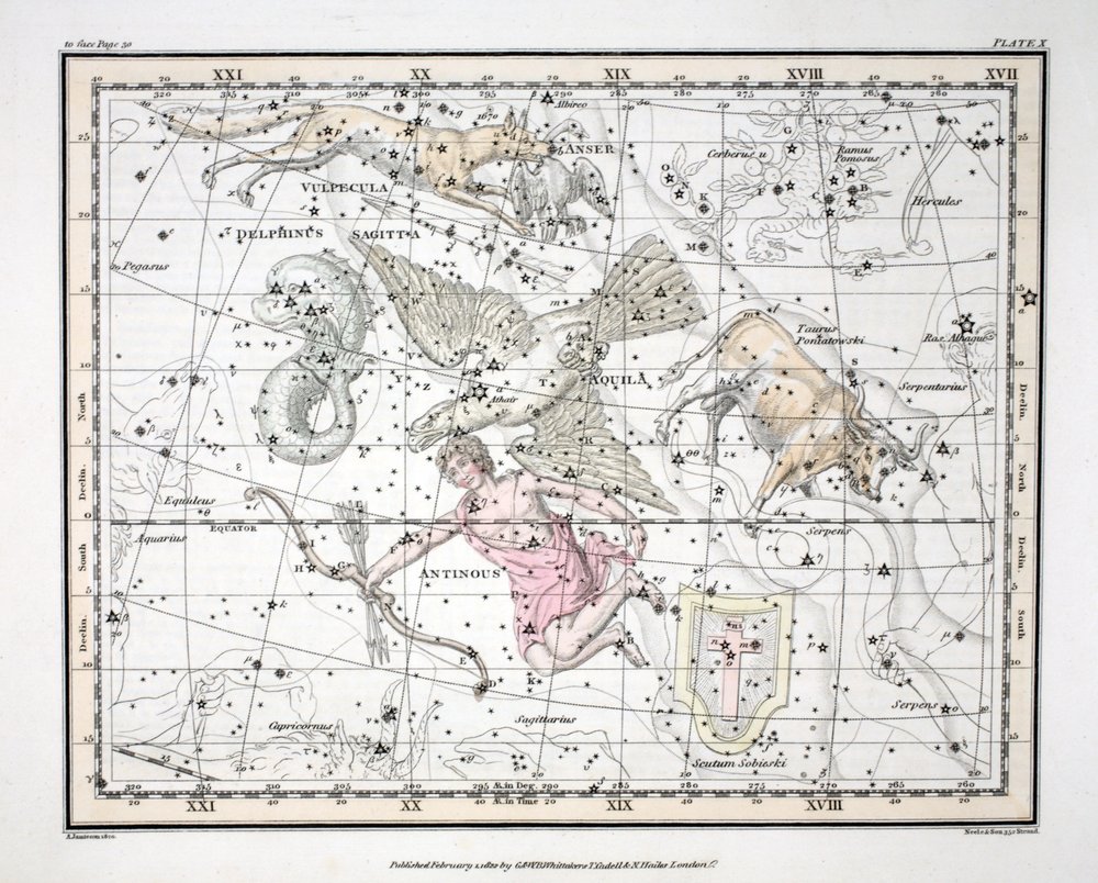 Konstellationerna (Plate X) Aquila et Antinous, Scutum Sobieski, Taurus Poniatowski, Sagitta, Valpecula et Anser och Delphinus, från "A Celestial Atlas" av Alexander Jamieson, pub. London 1822 (hand av Alexander Jamieson