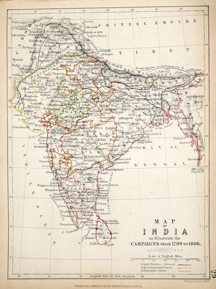 Karta över Indien, publicerad av William Blackwood and Sons, Edinburgh och London, 1848 (handfärgad gravyr) av Alexander Keith Johnston