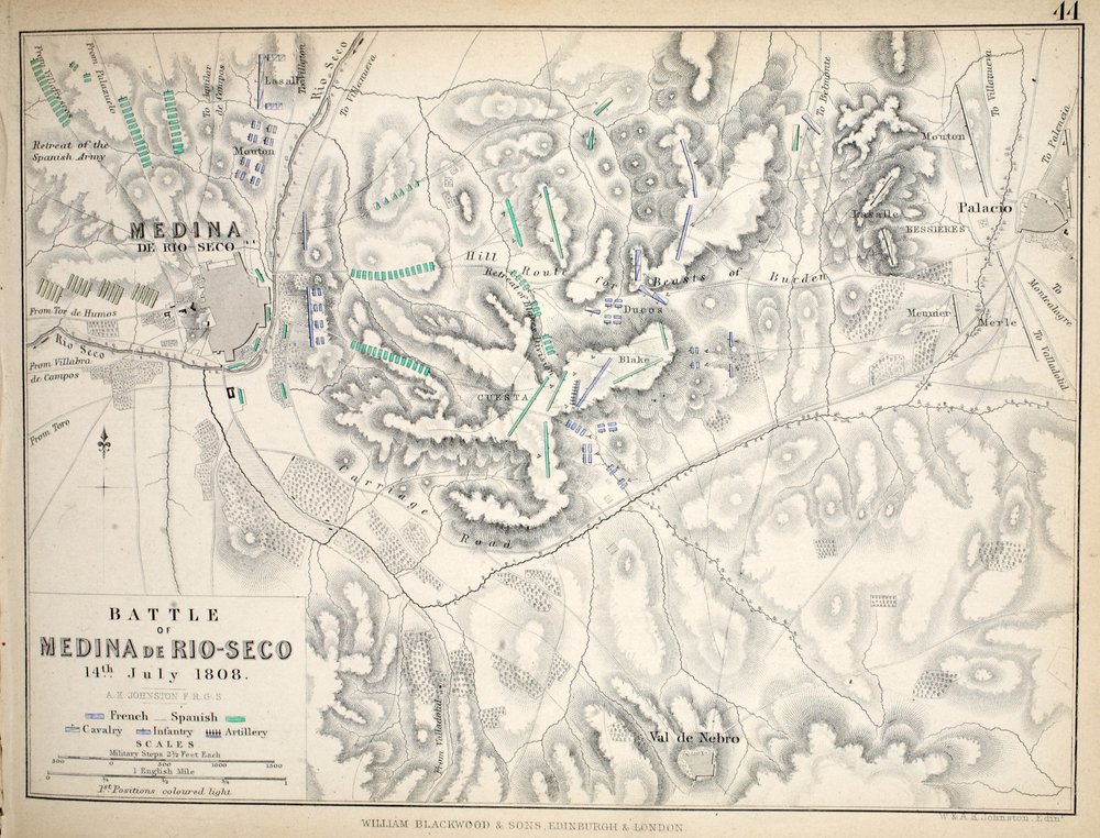 Karta över slaget vid Medina de Rio-Seco, publicerad av William Blackwood and Sons, Edinburgh och London, 1848 (handfärgad gravyr) av Alexander Keith Johnston