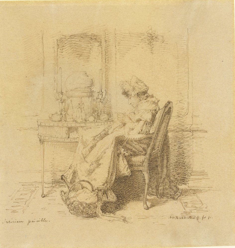 Stickande gammal dam Interiör paisible (titel på objekt) av Alexander Hugo Bakker-Korff