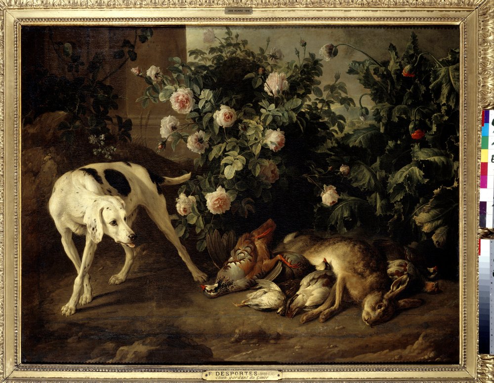 Hundhåller vilt nära en buske av rosor Målning av Francois Desportes (1661-1743) 1724 Sön. 1,07x1,38 m Paris, Louvren. av Alexandre-Francois Desportes
