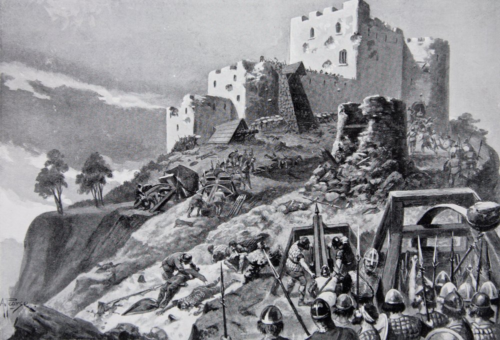 Den walesiska attacken på Montgomery Castle 1095 ledd av Cadwgan ap Bleddyn, Prince of Powys, illustration från 