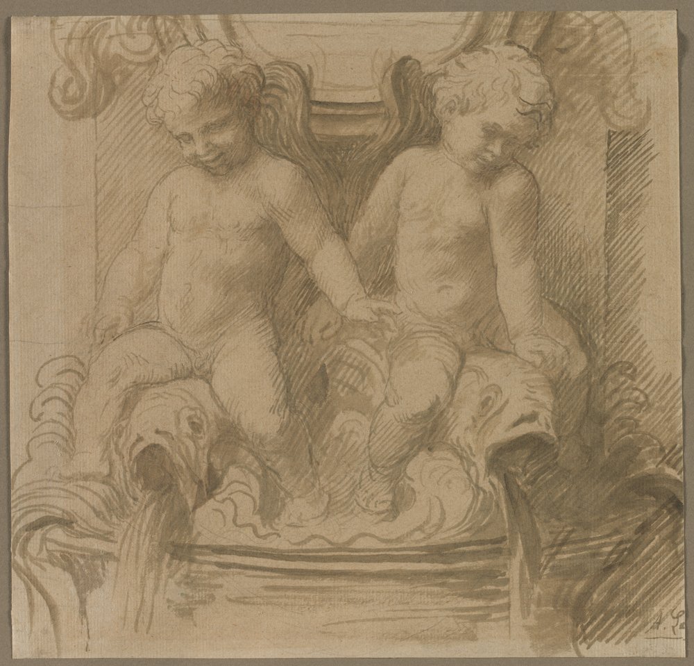 Fontän med Putti Riding Delfiner av Alphonse Legros