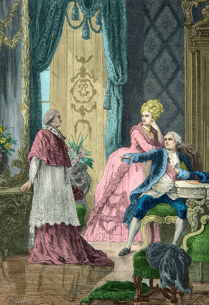 Marie Antoinette och Ludvig 16 frågar kardinal de Rohan om halsbandsaffären av Alphonse Marie de Neuville
