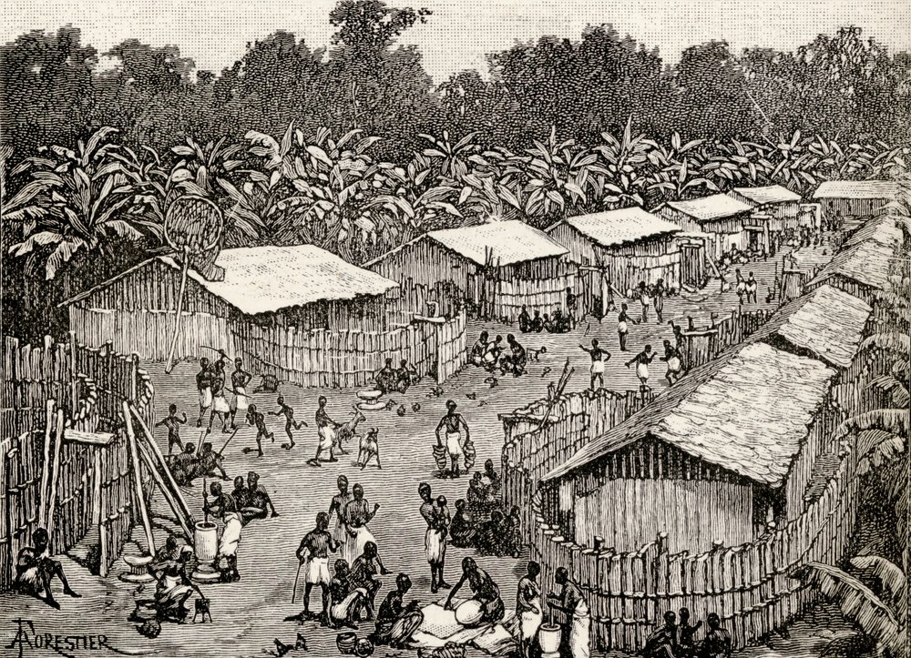 Vy över Utiri by, Tanzania, 1890 (trägravyr) av Amedee Forestier