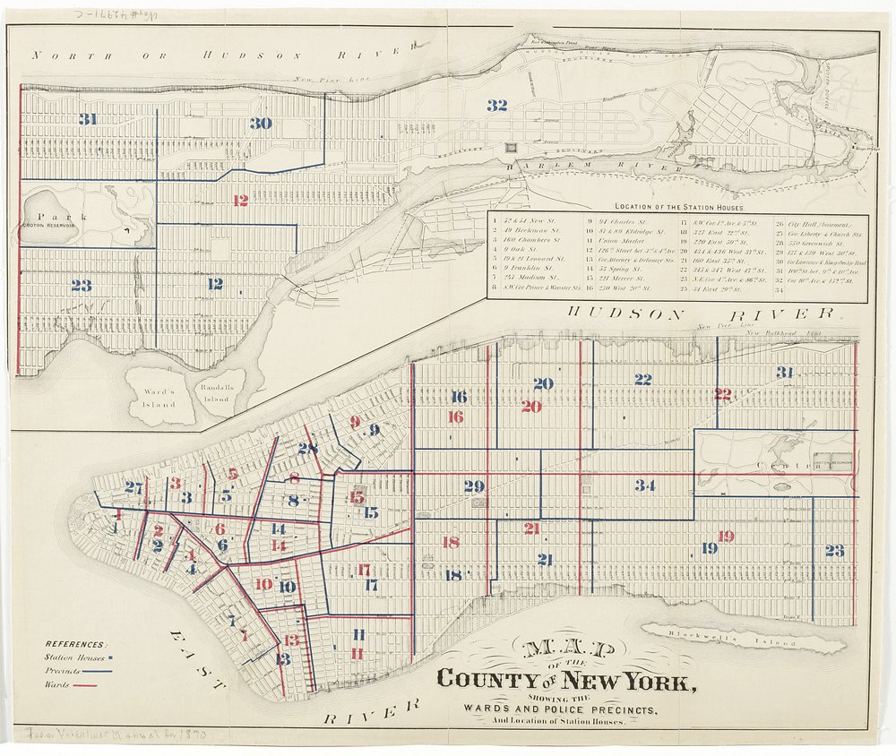 Karta över grevskapet New York, som visar avdelningarna och polisdistrikten och stationshusens läge., 1870 (bläck på papper) av American School