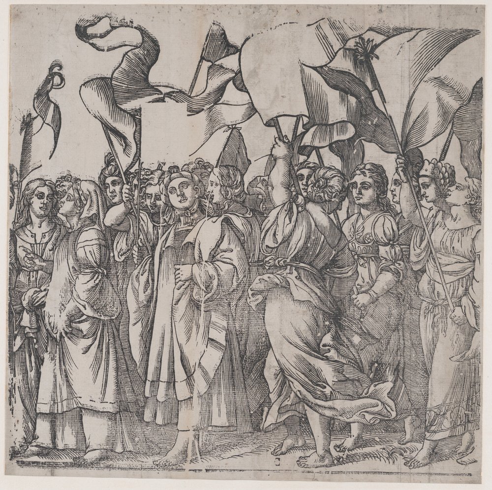 Avsnitt C: kvinnliga martyrer och helgon som håller banderoller, från The Triumph of Christ, 1836. av Andrea Andreani