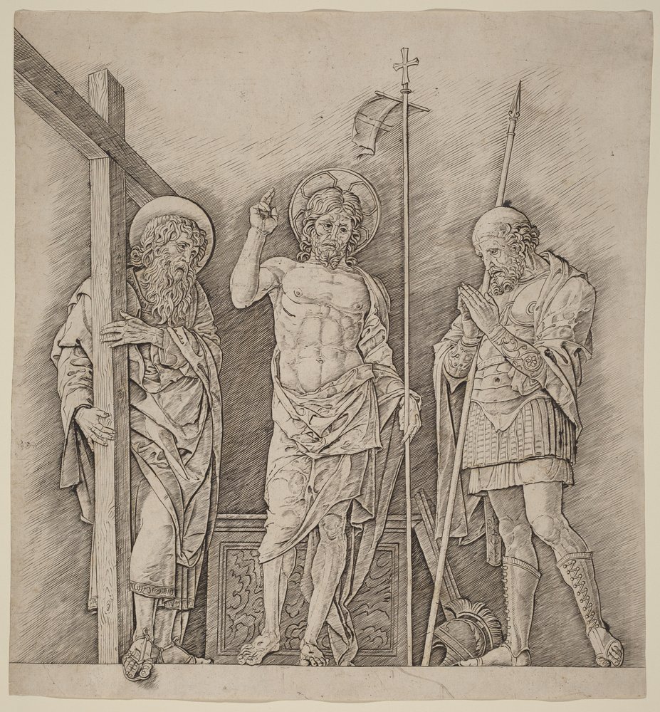 Uppstånden Kristus mellan de heliga Andreas och Longinus av Andrea Mantegna
