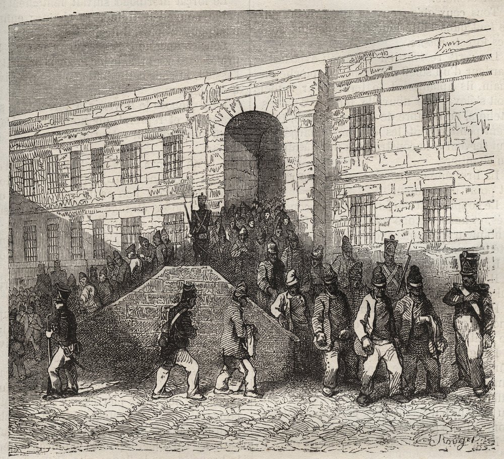 Brests fängelse på 1800-talet. Gravyr i "Fångarnas historia från deras skapelse till idag" (1877) av Pierre Zaccone (1817-1895) (Colonia Penale - Straffkoloni). Privat samling. av Anonymous Anonymous