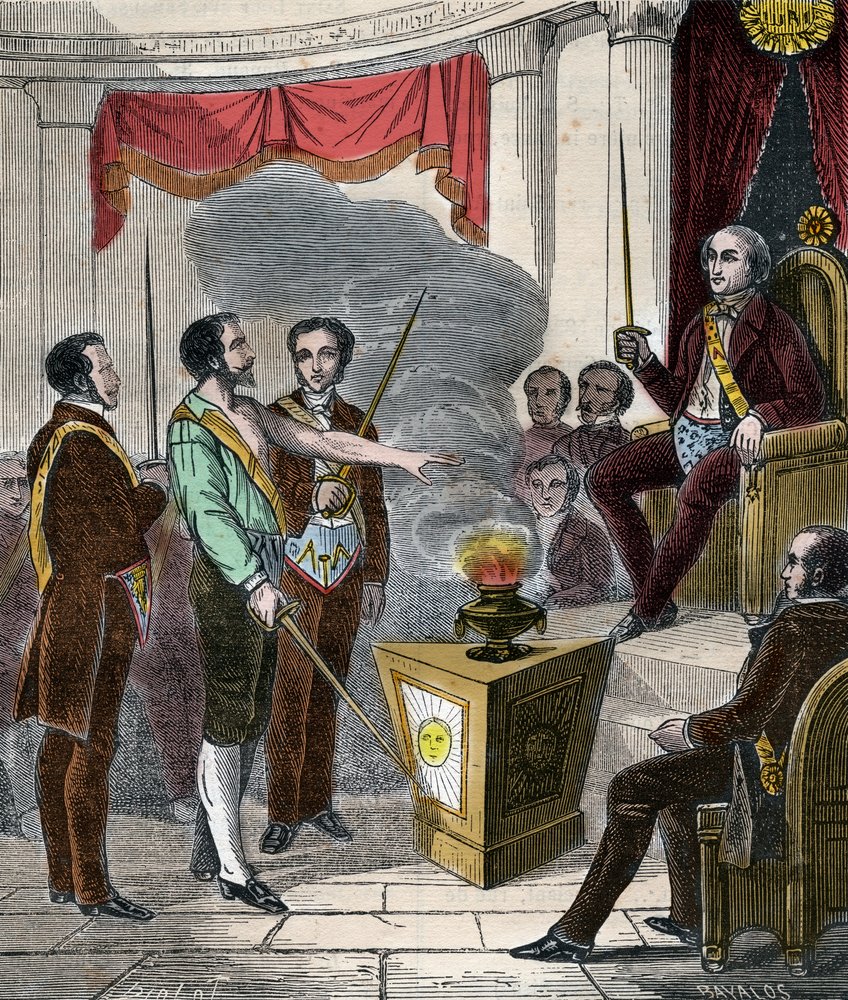 Invigning av en fransk frimurare i brödraskapet - Mottagande (ceremoni) av en Franc-Maçon - Gravyr från 1879 i „Histoire des Sociétés Secrètes, Politiques et Religions” av Pierre Zaccone (1817-1895) av Anonymous Anonymous