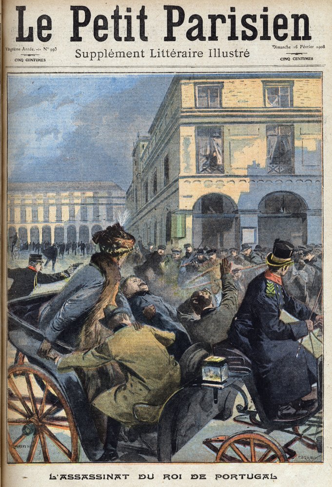 Kung Karl I av Portugal (1863-1908) och kronprins Luís Filipe mördades i Lissabon av republikaner den 1 februari 1908. Nummer av tidningen „Le Petit Parisien“ den 16/02/1908. Privat samling. av Anonymous Anonymous