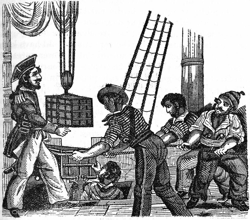 Piraten „Long Ben“ John Avery (död 1643) lastade tre lådor med skatter (guld och stenar) på sitt fartyg. Gravyr ur „The Pirate