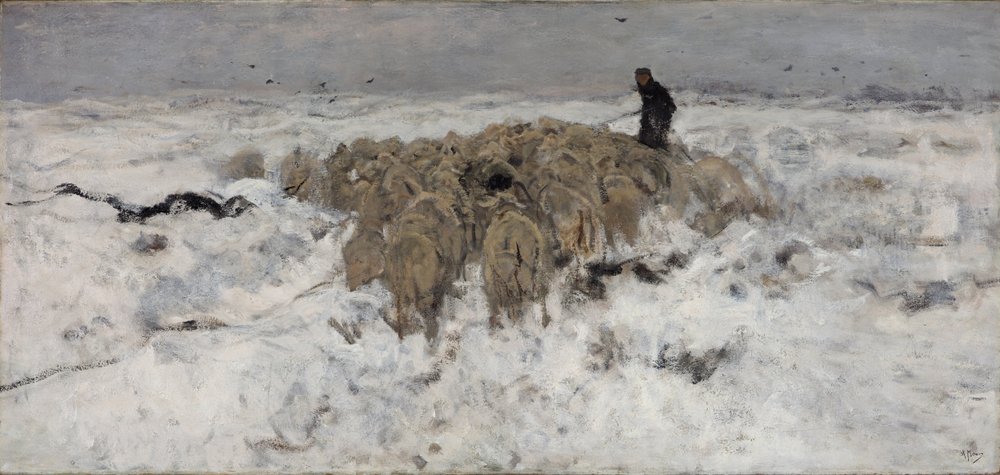Fårhjord med herde i snön av Anton Mauve