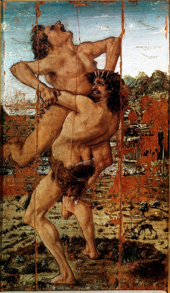 Herkules tolv stordåd: Herakles (Herkules) lyfter jätten Antaios. Antonio Benci, kallad Pollaiolo (Pollaiuolo) (1431-1498) av Antonio Pollaiuolo