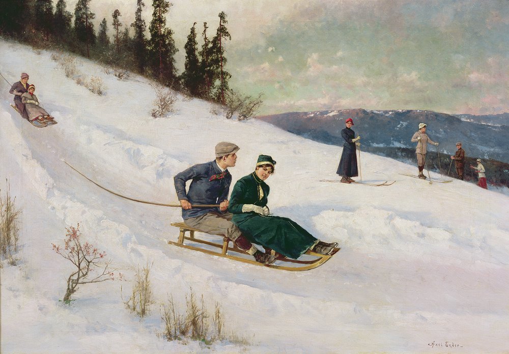 Kälkåkning och skidåkning (olja på duk) av Axel Hjalmar Ender