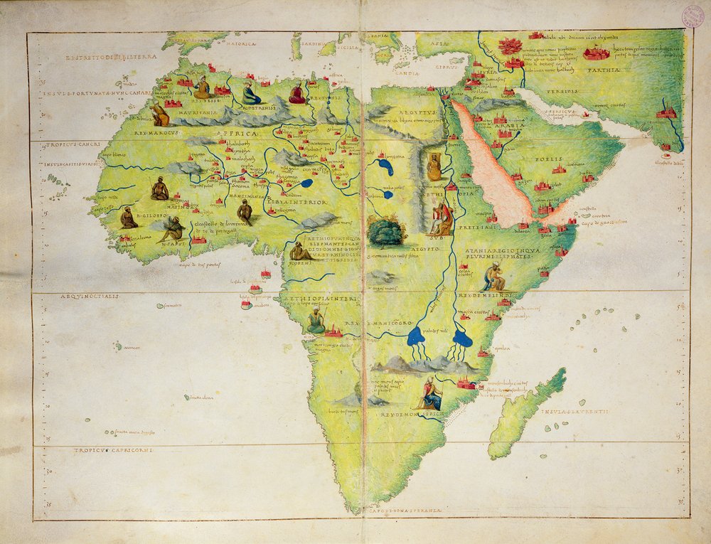 Kontinenten Afrika, ur en världsatlas i 33 kartor, Venedig, 1 september 1553 av Battista Agnese