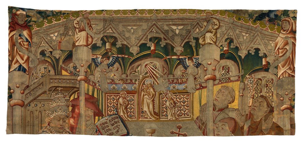 Gobelängfragment, föreställande ett mirakel av det heliga sakramentet, tillverkat i Tournai, Belgien av Belgian School