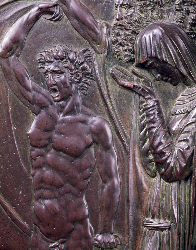 Perseus Rescuing Andromeda, detalj av en skrikande man brons av Benvenuto Cellini
