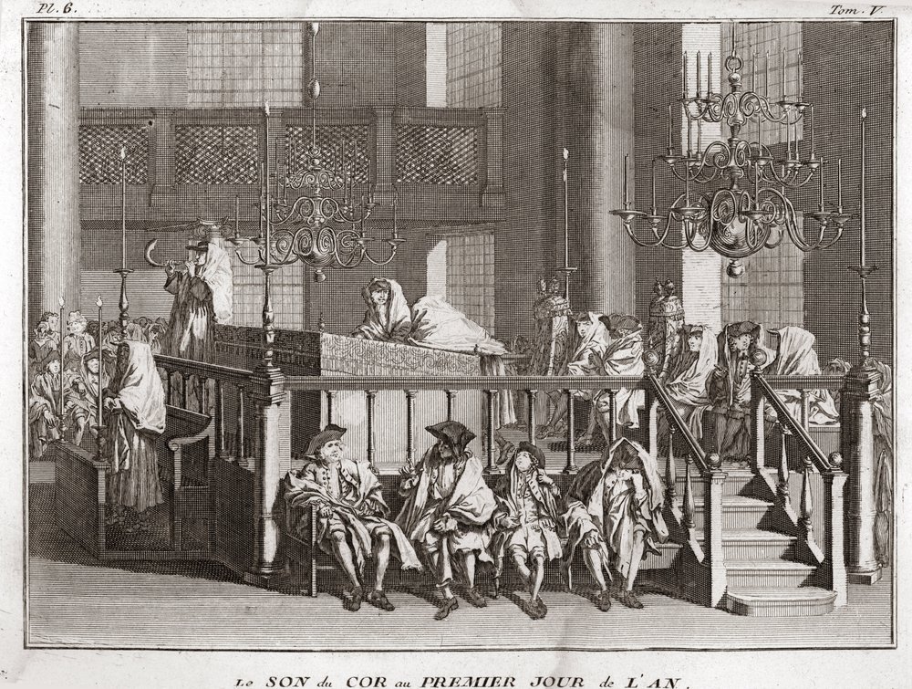 Judendom: ljudet av hornet på årets första dag ((ljudet av schofar a Rosch ha-schana) (judisk nyårsfest: blåser i shofarhornet på Rosh Hashana) Gravyr från "" Illustration av religiösa ceremonier och alla folks seder av Bernard Picart