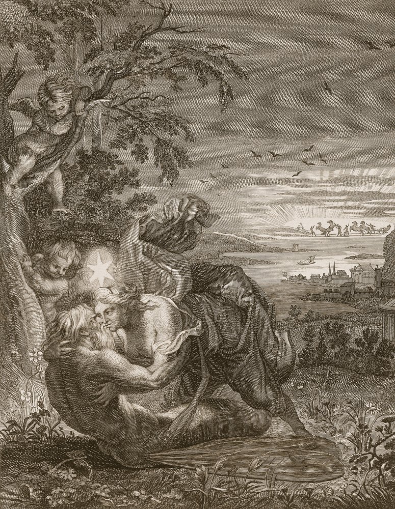 Tithonus, Auroras man, förvandlad till en gräshoppa, 1731 av Bernard Picart