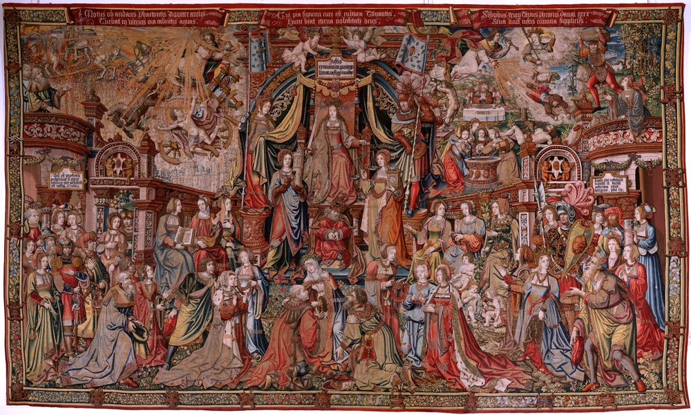 flamländsk gobeläng. Serien The Honours. Rättvisa (La Justicia, Los Honores). Nionde gobeläng i serien. Modelltecknare från Bernard van Orleys och Jan Gossaerts krets (Mabuse). Tillverkning Pieter van Aelst, Bryssel. Ca 1550. Tyg Guld, silver, av Bernard van Orley