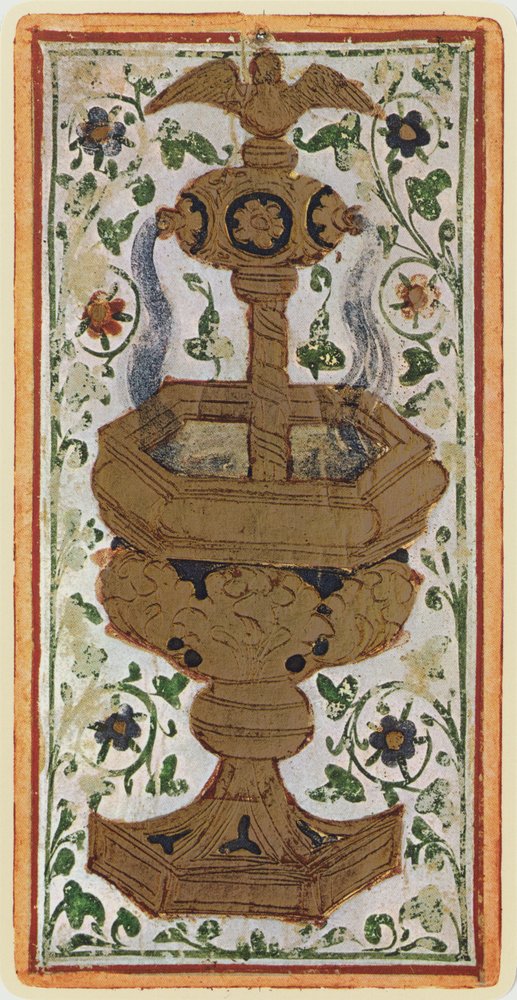 Bägarnas ess, faksimil av ett tarotkort ur leken "Visconti", 1441-47 av Bonifacio Bembo