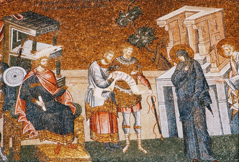 Maria och Josef innan Cyremius registrerade sig för beskattningen, med en vakt, en skriftlärare och en officer, ca. 1300-talet (mosaik) (detalj av 119636) av Byzantine