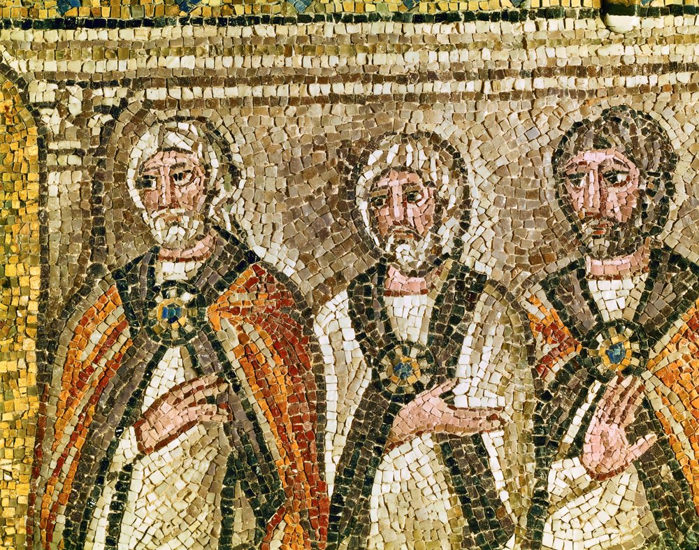 Tre medlemmar av Sanhedrin, detalj av "Jesus inför Kajafas", 600-talet (mosaik) av Byzantine School