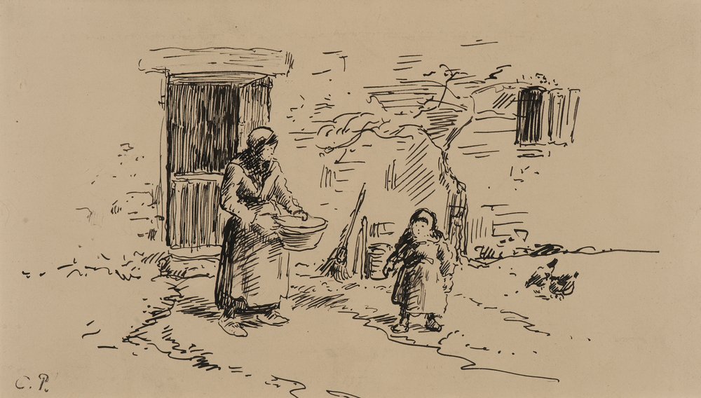 Farm Scene (penna  bläck på papper) av Camille Pissarro