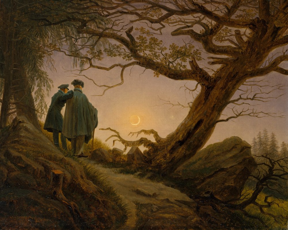 Två män betraktar månen, ca 1825-30. av Caspar David Friedrich