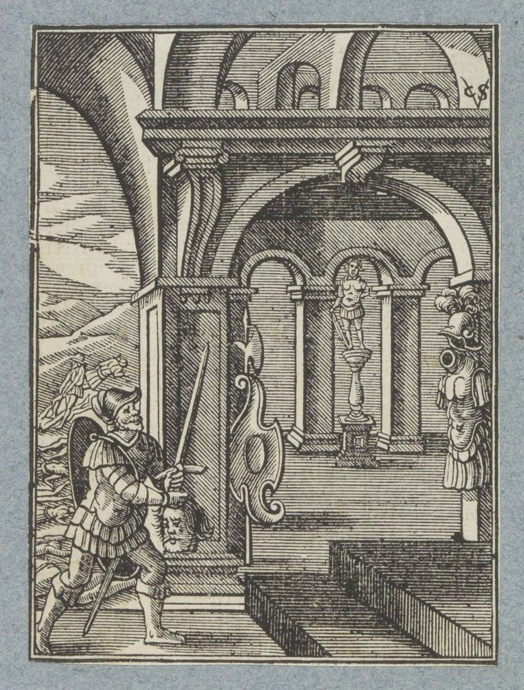 Sauls huvud förs in i filistéernas tempel av Christoffel van Sichem (II)