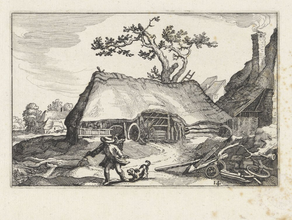 skällande hund på en gård Landskap med gårdar (serietitel) av Claes Jansz. Visscher (II)