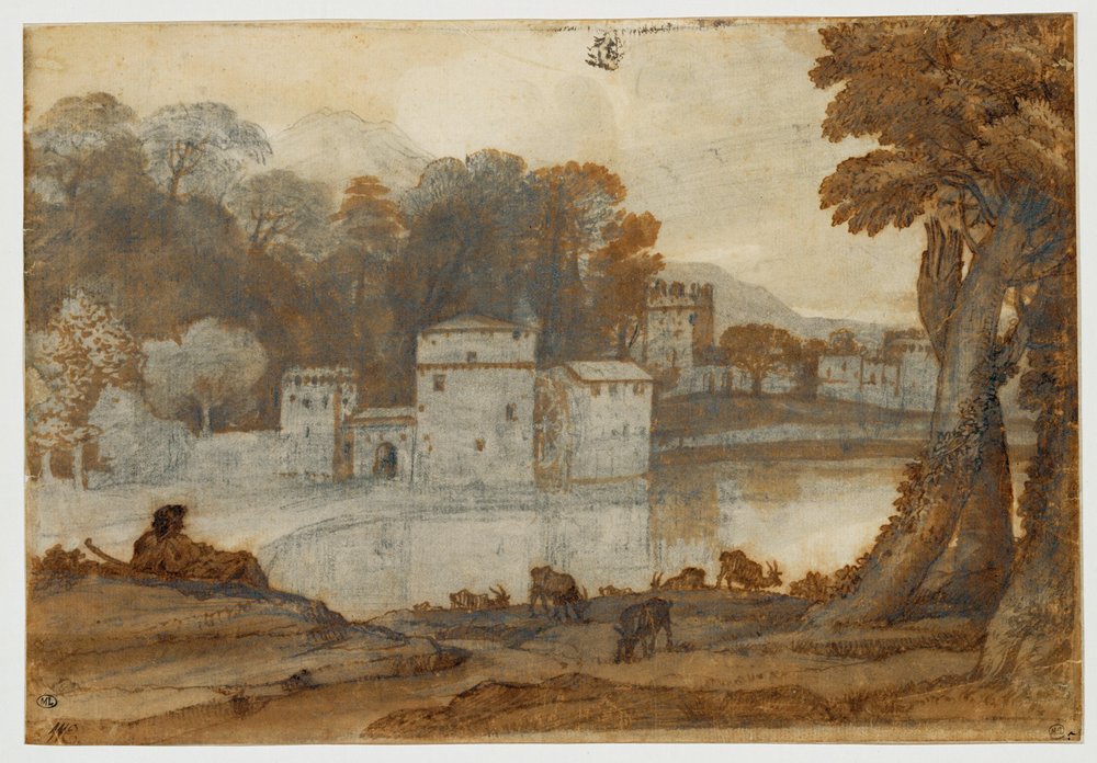 Fåraherde vid en sjö nära en befäst kvarn ... av Claude Lorrain (1600-82)