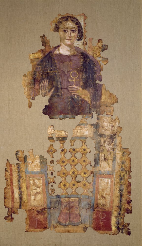 Svepning som avbildar en kvinna som håller en ankh, från Antinoe, 300-400-talet av Coptic
