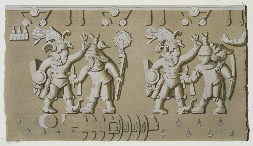 Basrelief av gamla aztekiska krigare, från stenen från Tizoc som minns en härskare som håller sina fångar i huvudet. av D.K. Bonatti