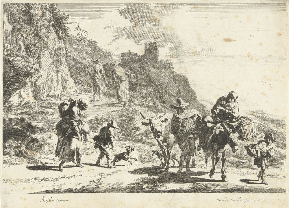 Kvinna på en packad åsna, man med ko och andra resenärer i bergslandskap Southern Landscapes (serietitel) av Dancker Danckerts